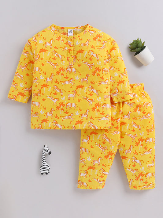 Yellow Cotton "Animal Kingdom" Full Sleeve Kurta Pyjama