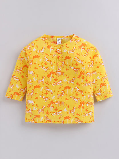 Yellow Cotton "Animal Kingdom" Full Sleeve Kurta Pyjama