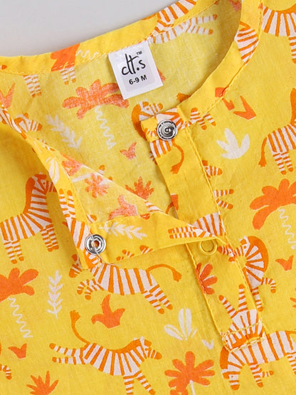Yellow Cotton "Animal Kingdom" Full Sleeve Kurta Pyjama
