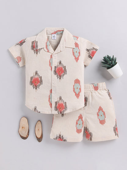 Cream Graphic Cotton Short Sleeves Co-ord Set