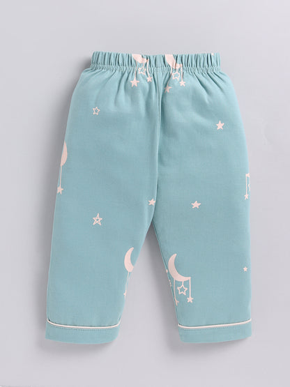 Teal Typography Cotton Full Sleeves Night Suit