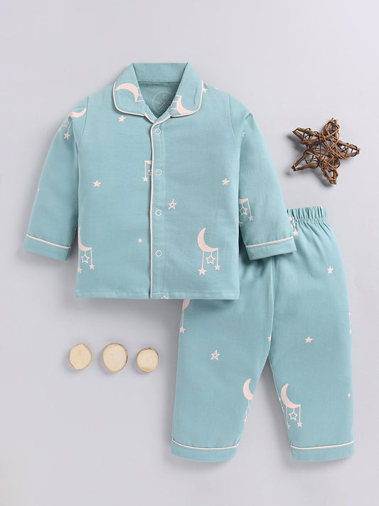 Teal Typography Cotton Full Sleeves Night Suit