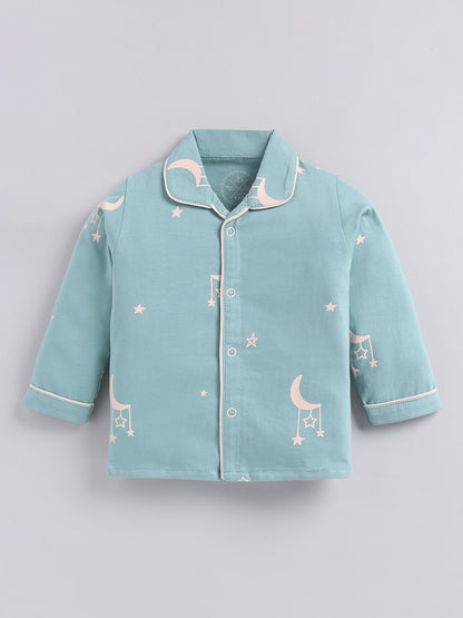 Teal Typography Cotton Full Sleeves Night Suit