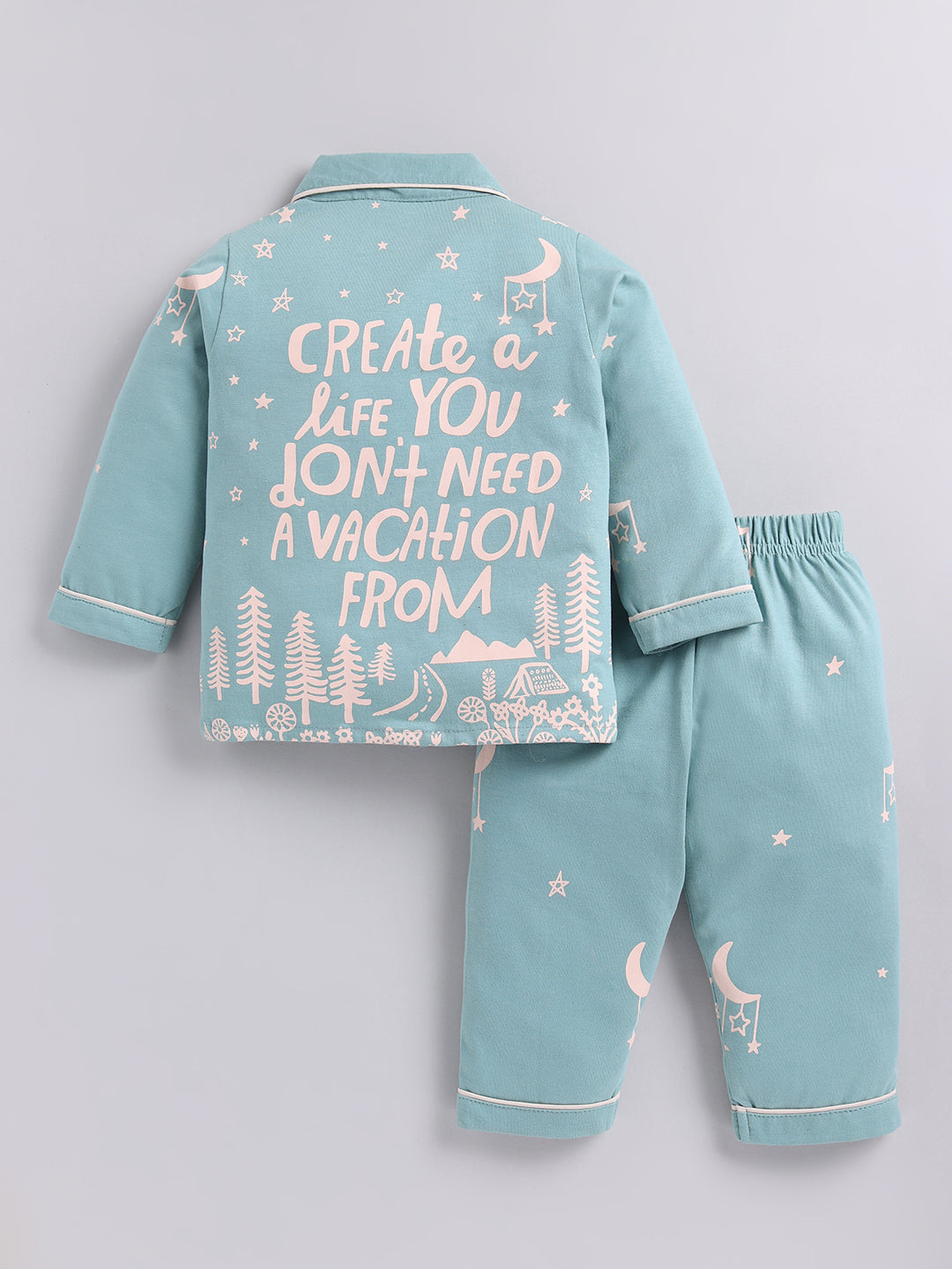 Teal Typography Cotton Full Sleeves Night Suit