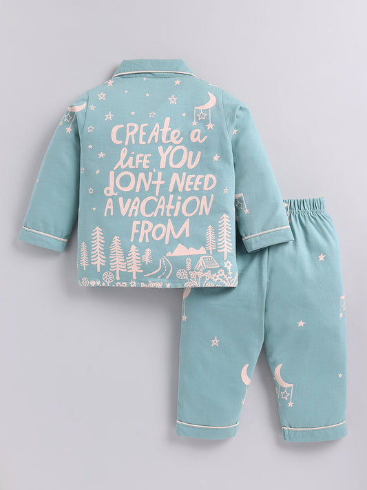 Teal Typography Cotton Full Sleeves Night Suit