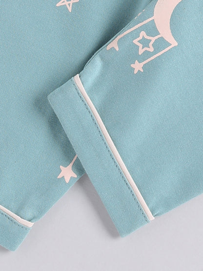 Teal Typography Cotton Full Sleeves Night Suit