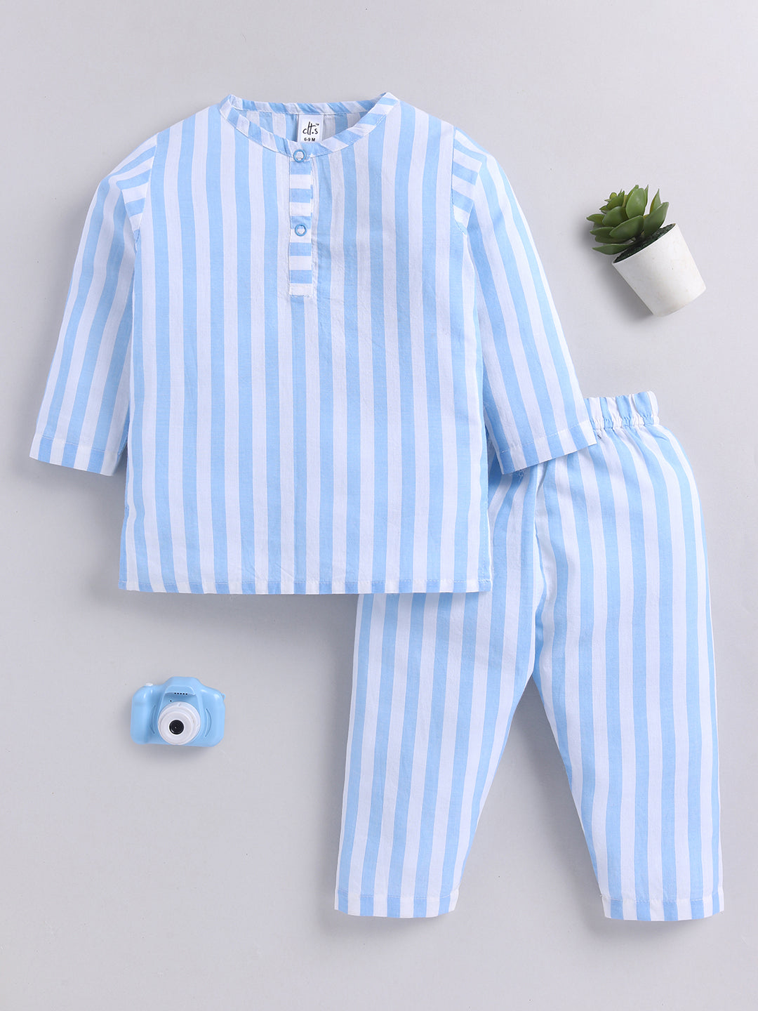 Blue Cotton Striped Kurta Pyjama Set