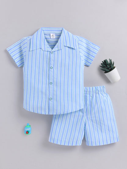 Blue Cotton Striped Half Sleeve Co-ord Set
