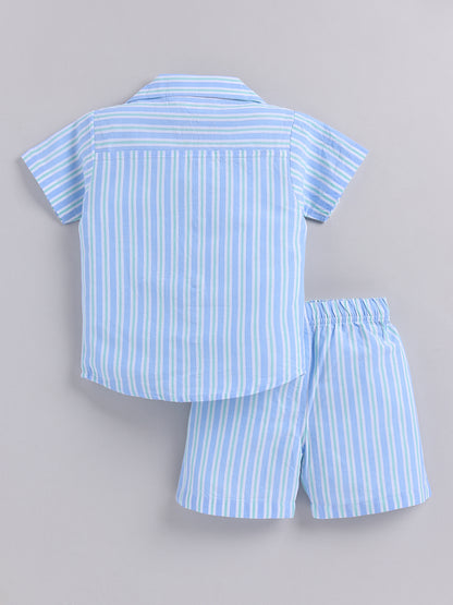 Blue Cotton Striped Half Sleeve Co-ord Set