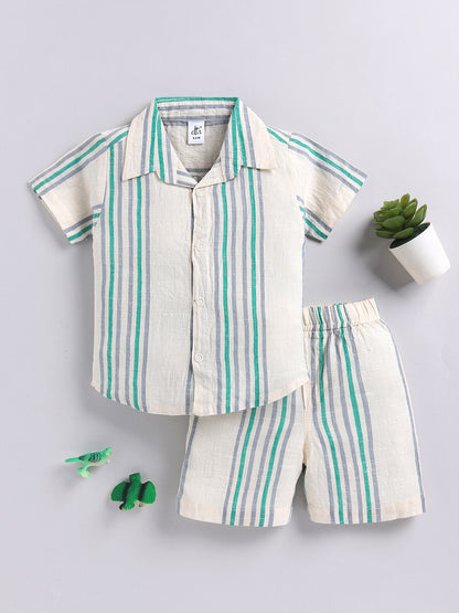Cream Striped Cotton Short Sleeves Co-ord Set