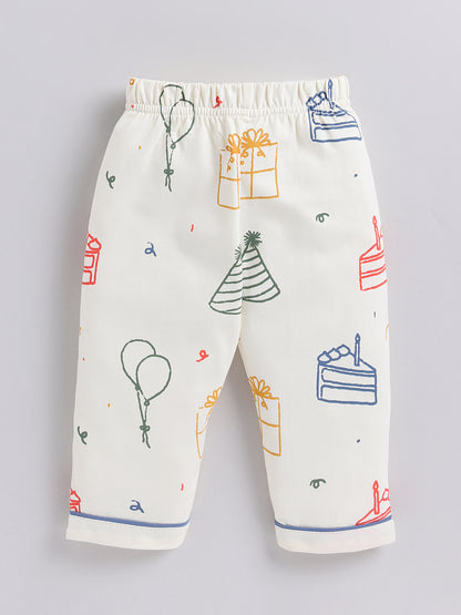 Cream Birthday Theme Cotton Full Sleeves Night Suit