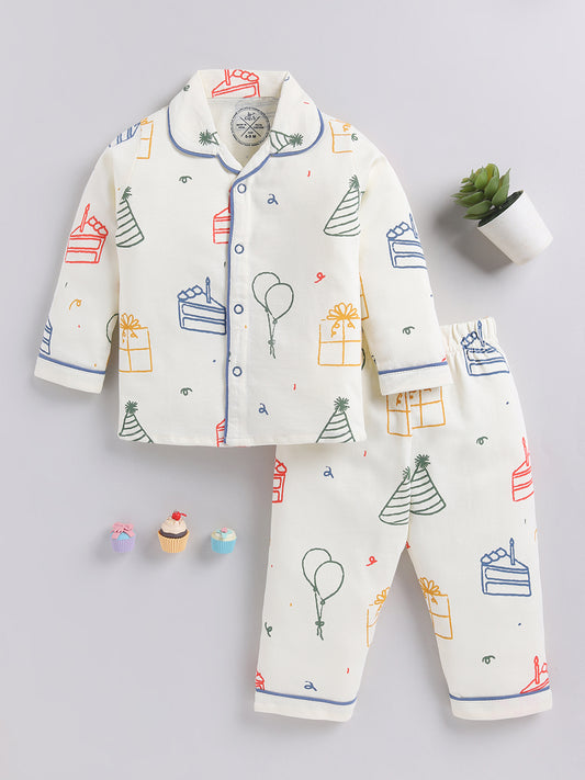 Cream Birthday Theme Cotton Full Sleeves Night Suit