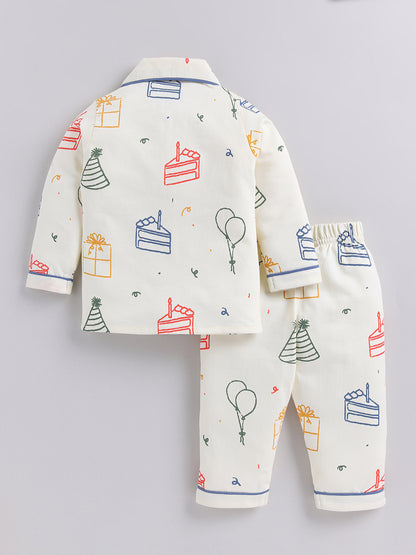 Cream Birthday Theme Cotton Full Sleeves Night Suit