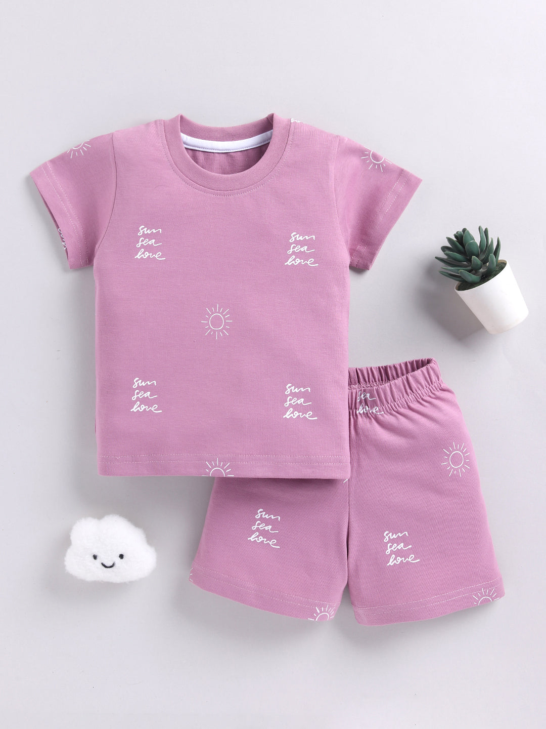 Purple Typography Cotton Short Sleeves Night Suit