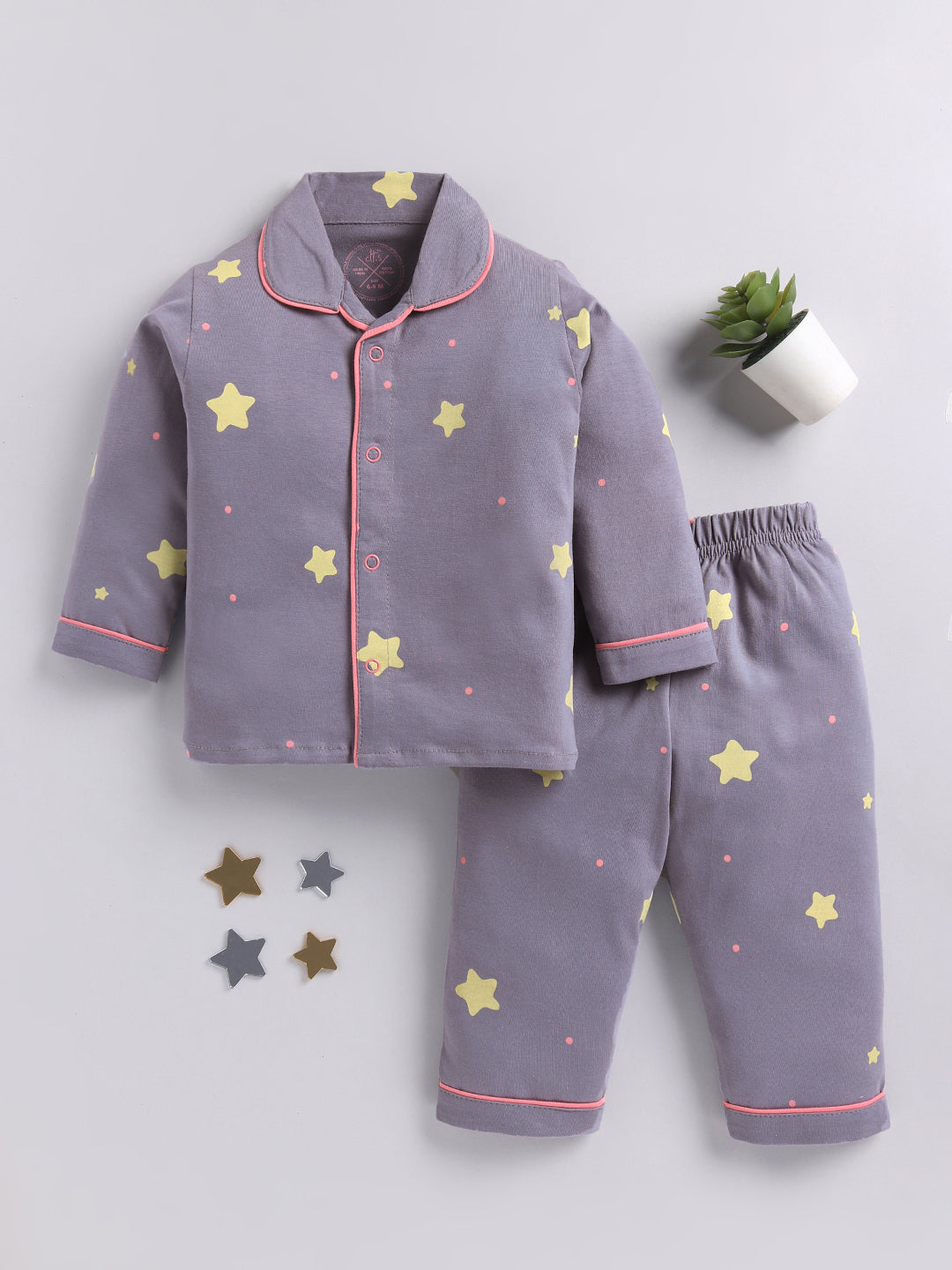 Grey Cotton Typography Full Sleeve Night Suit