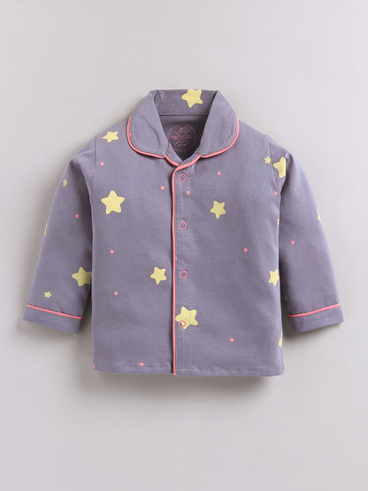 Grey Cotton Typography Full Sleeve Night Suit