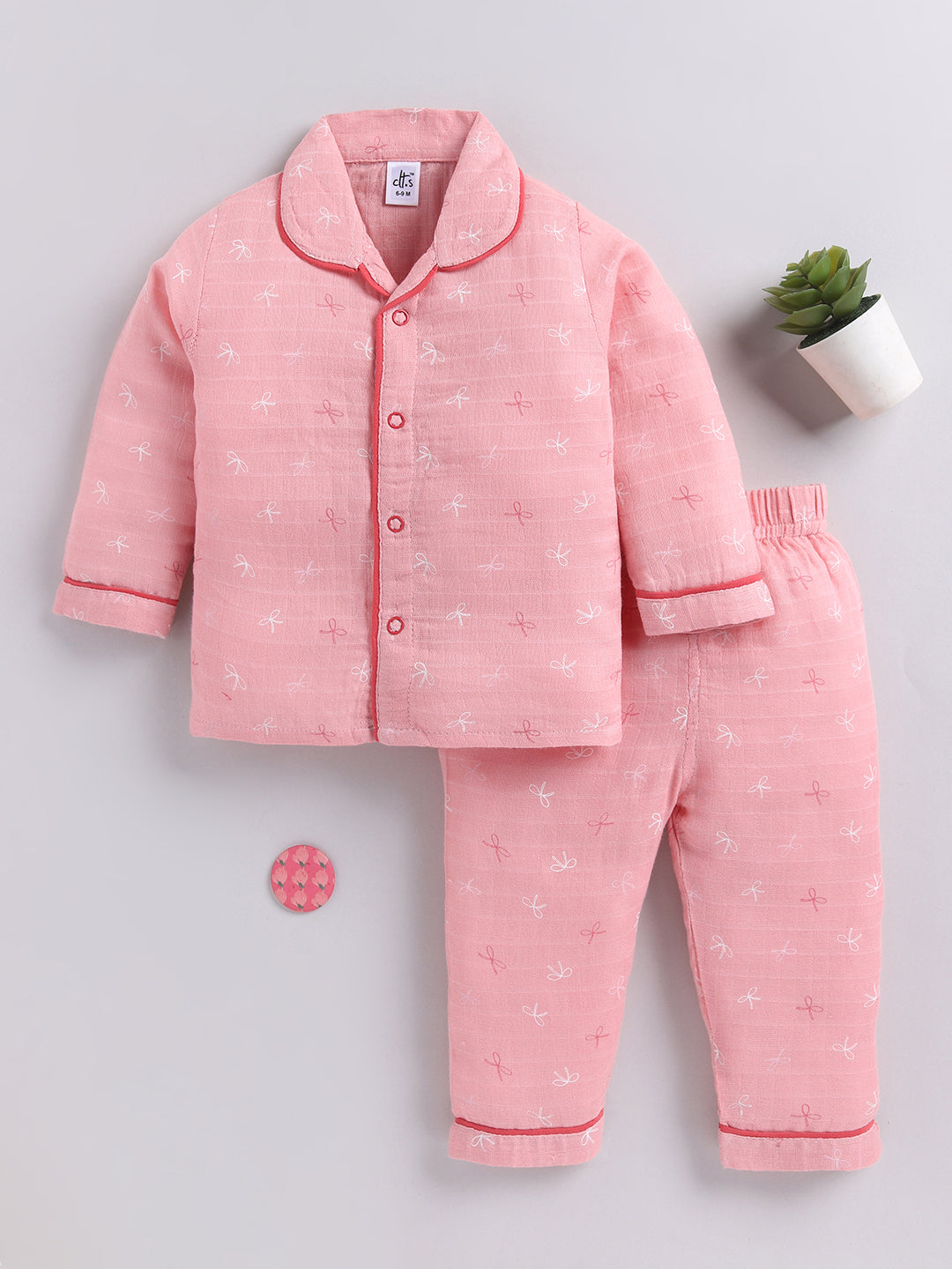 Pink Graphic Cotton Full Sleeves Night Suit