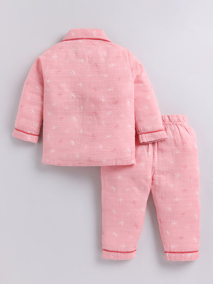 Pink Graphic Cotton Full Sleeves Night Suit