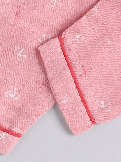 Pink Graphic Cotton Full Sleeves Night Suit