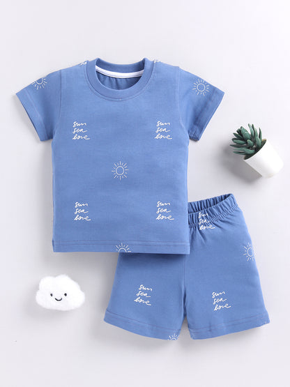 Blue Typography Cotton Short Sleeves Night Suit