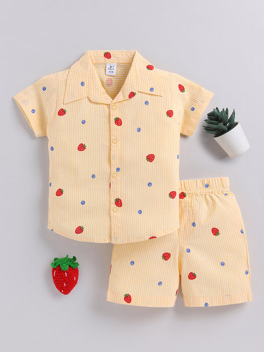 "Strawberries" Yellow Cotton Short Sleeves Night Suit