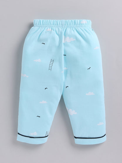 Blue Typography Cotton Full Sleeves Night Suit