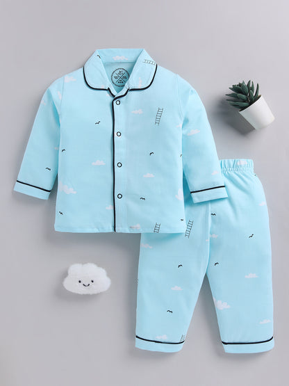 Blue Typography Cotton Full Sleeves Night Suit