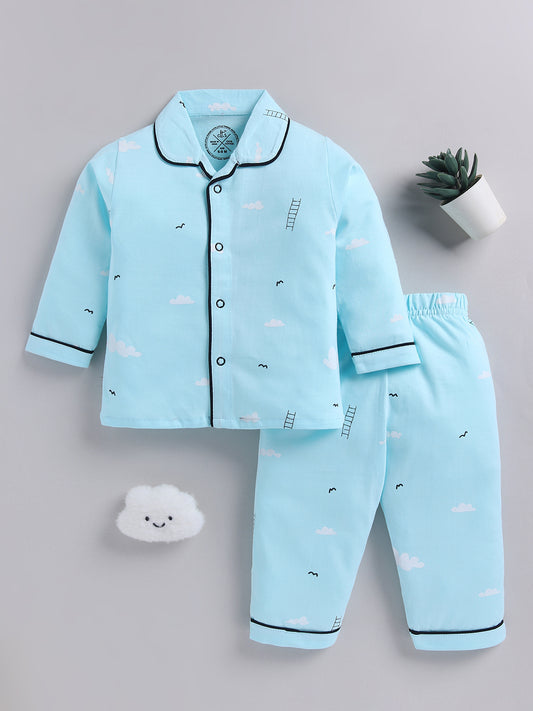 Blue Typography Cotton Full Sleeves Night Suit