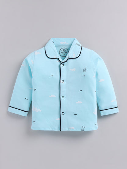 Blue Typography Cotton Full Sleeves Night Suit