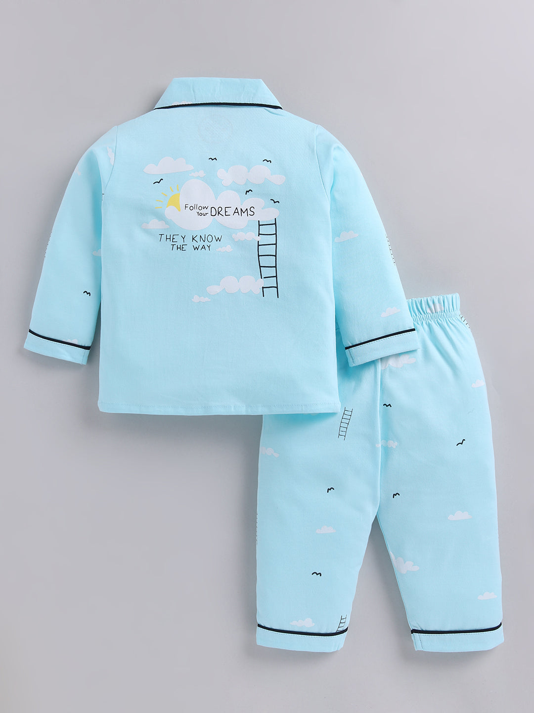Blue Typography Cotton Full Sleeves Night Suit