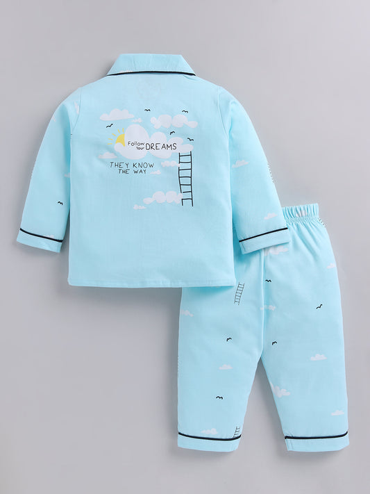 Blue Typography Cotton Full Sleeves Night Suit