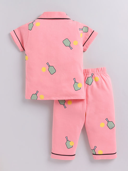 Pink Graphic Cotton Short Sleeves Night Suit