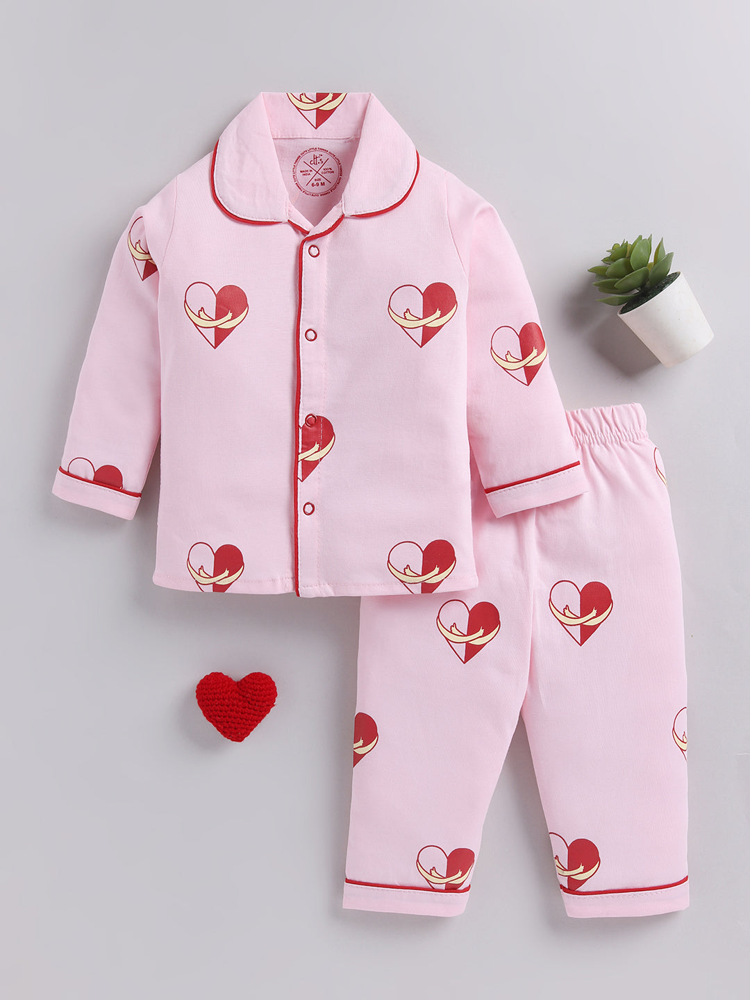 Pink "Hearts" Cotton Full Sleeves Night Suit