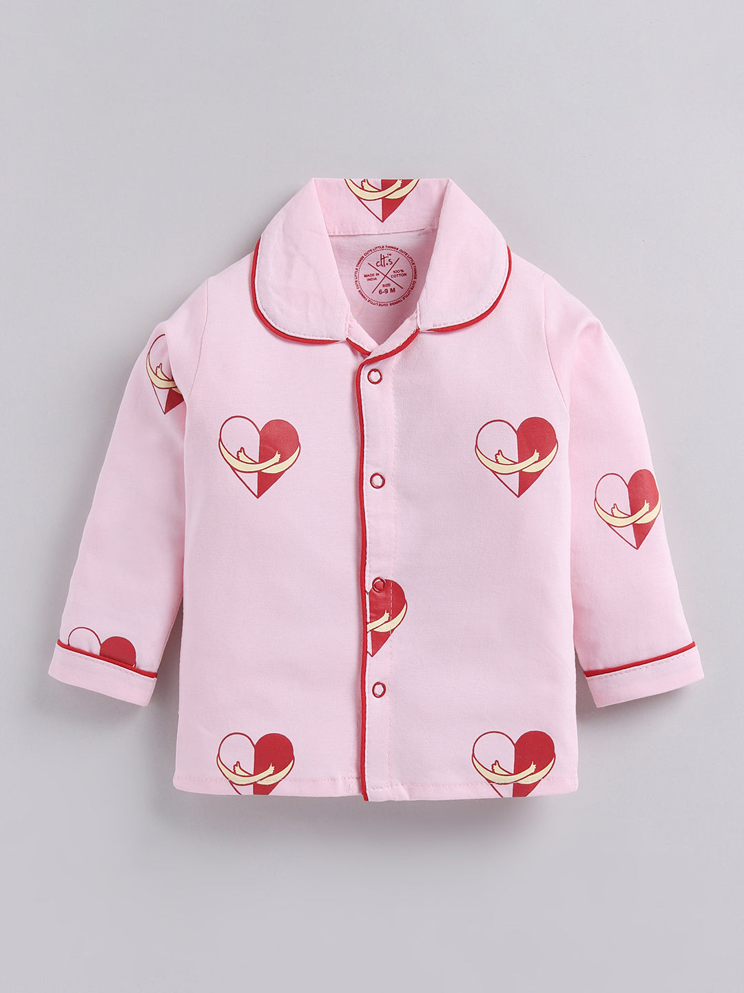 Pink "Hearts" Cotton Full Sleeves Night Suit
