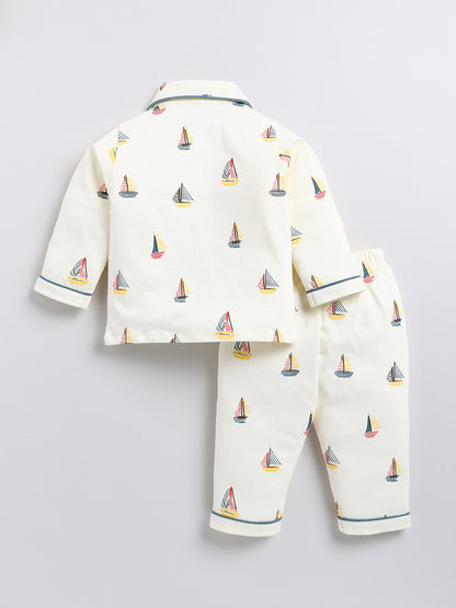 Cream Boat Print Full sleeve Night Suit