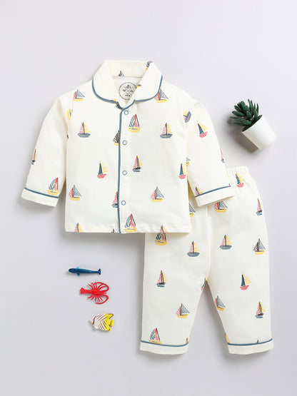 Cream Boat Print Full sleeve Night Suit