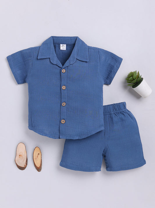 Blue Solid Cotton Short Sleeves Co-ord Set