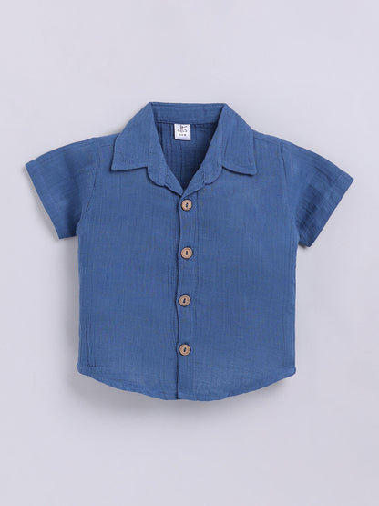 Blue Solid Cotton Short Sleeves Co-ord Set