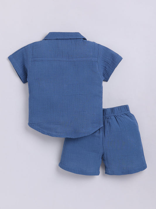 Blue Solid Cotton Short Sleeves Co-ord Set