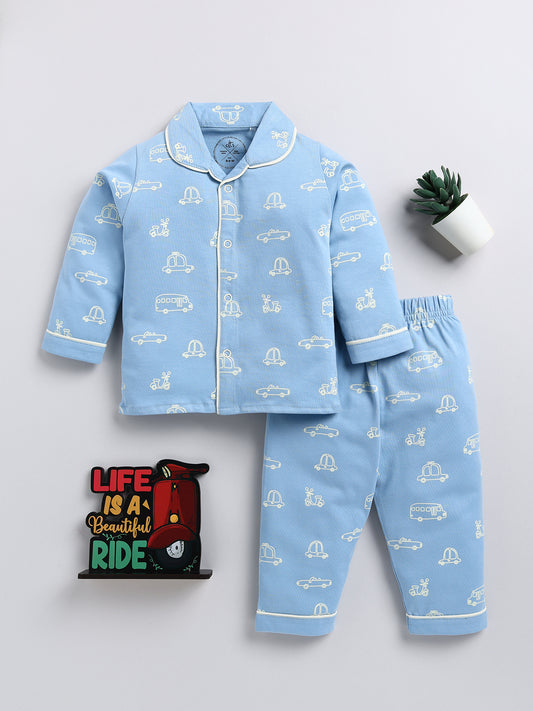 Blue Car Print Full Sleeve Night Suit