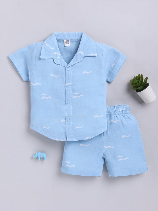 Blue Graphic Cotton Short Sleeves Co-ord Set