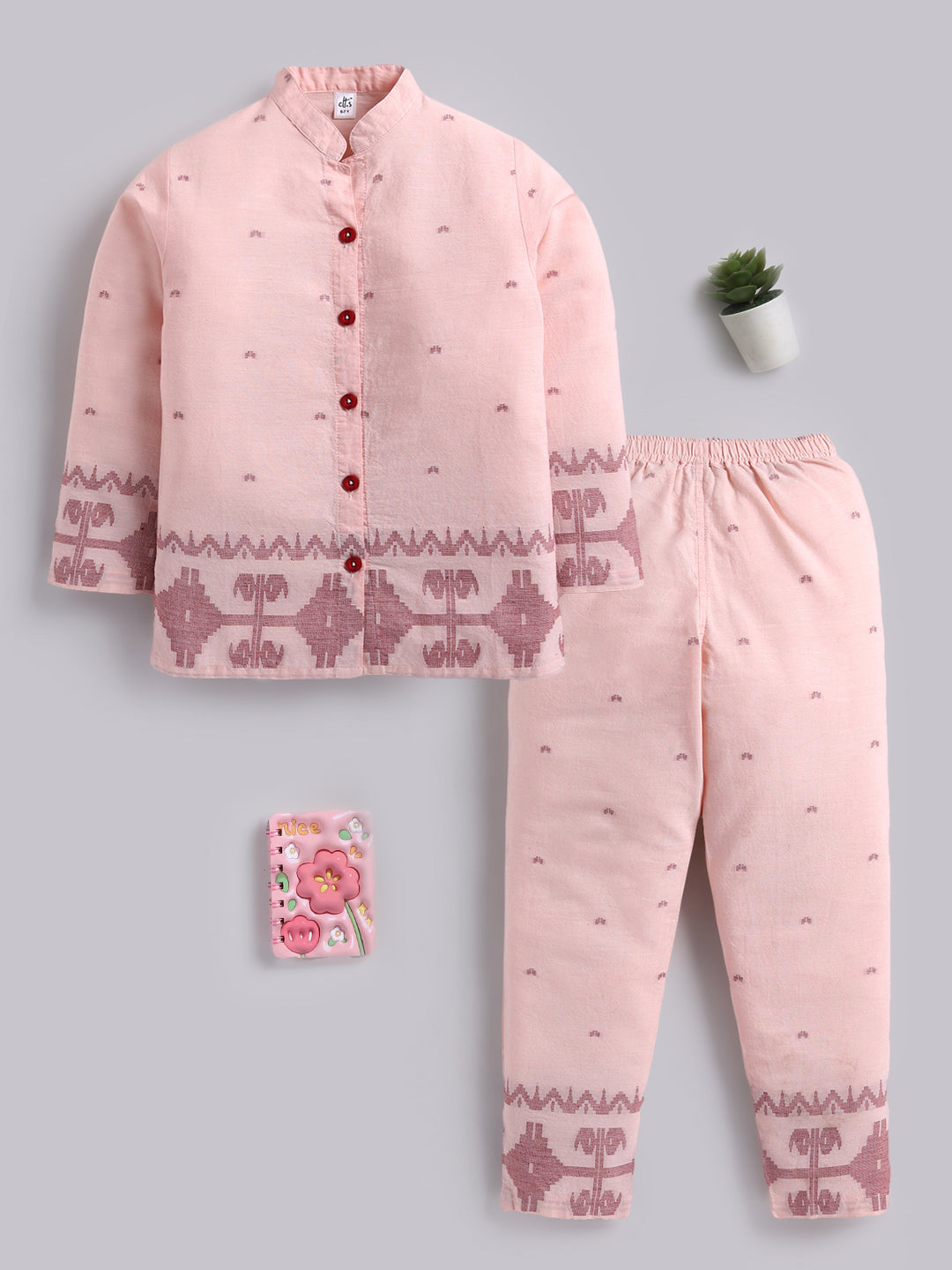 Peach Ethnic Motifs Cotton Full Sleeves Full Night Suit