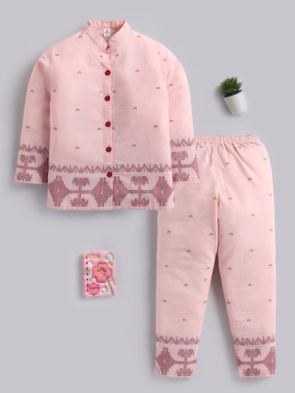 Peach Ethnic Motifs Cotton Full Sleeves Full Night Suit