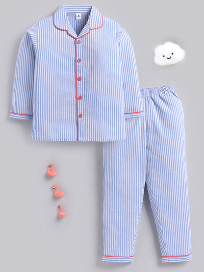 Blue Typography Cotton Full Sleeves Full Night Suit