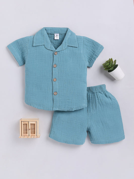 Blue Solid Cotton Short Sleeves Co-ord Set