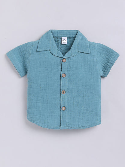 Blue Solid Cotton Short Sleeves Co-ord Set