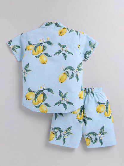 Blue Tropical Cotton Short Sleeves Co-ord Set