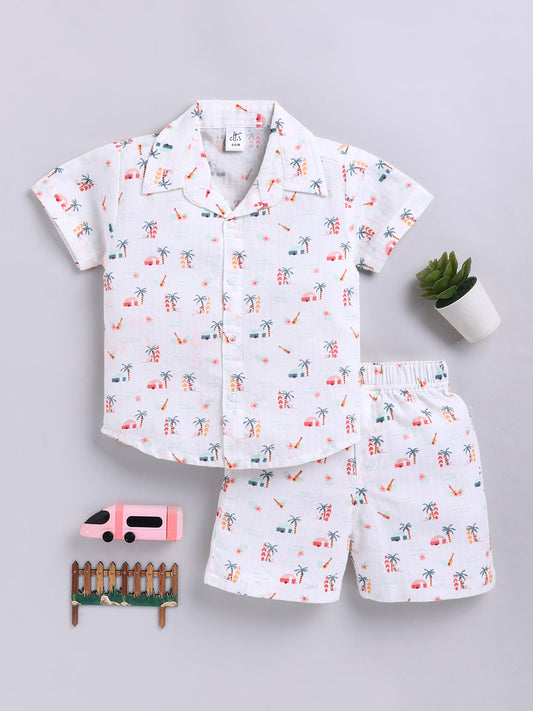 White Tropical Cotton Short Sleeves Co-ord Set