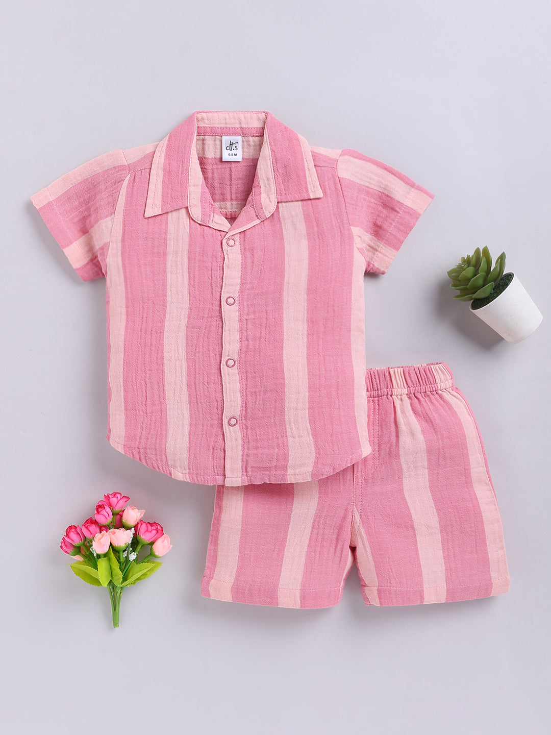 Pink Striped Cotton Short Sleeves Co-ord Set