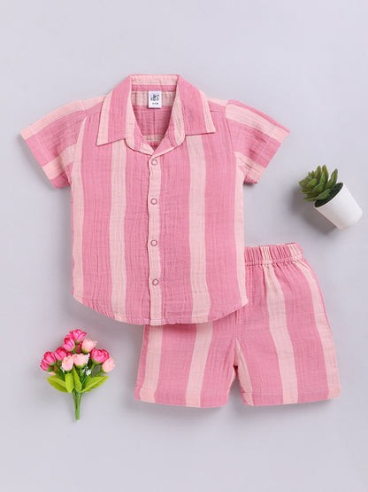 Pink Striped Cotton Short Sleeves Co-ord Set